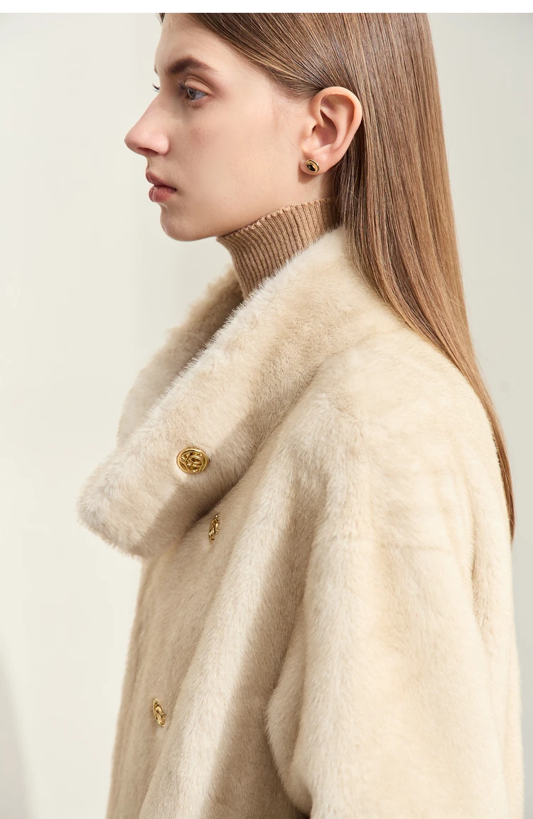 AMII Minimalism 2026 Winter New Warm Modern Turtleneck Double Breasted Imitation Mink Eco-friendly Fur Lady Fleece Coat 12424006