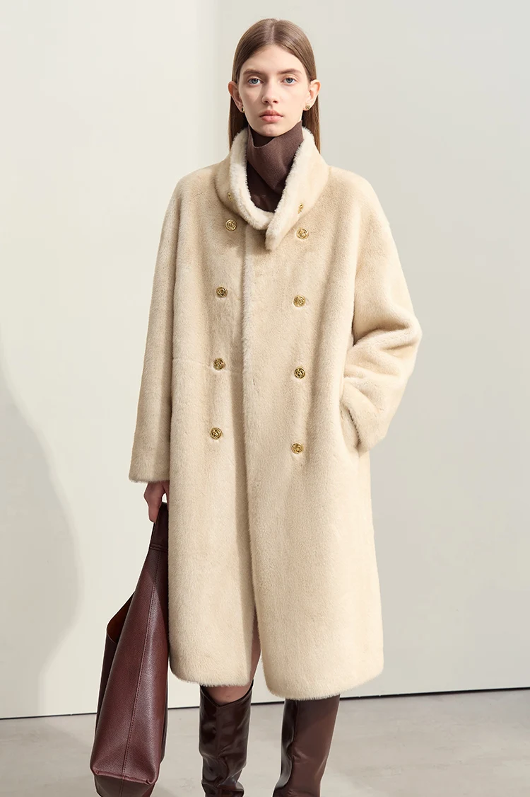 AMII Minimalism 2026 Winter New Warm Modern Turtleneck Double Breasted Imitation Mink Eco-friendly Fur Lady Fleece Coat 12424006