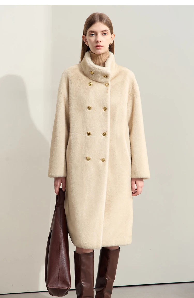 AMII Minimalism 2026 Winter New Warm Modern Turtleneck Double Breasted Imitation Mink Eco-friendly Fur Lady Fleece Coat 12424006