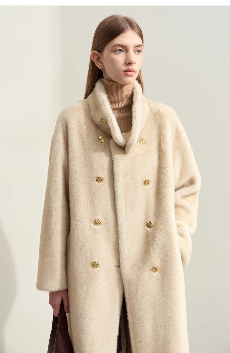 AMII Minimalism 2026 Winter New Warm Modern Turtleneck Double Breasted Imitation Mink Eco-friendly Fur Lady Fleece Coat 12424006