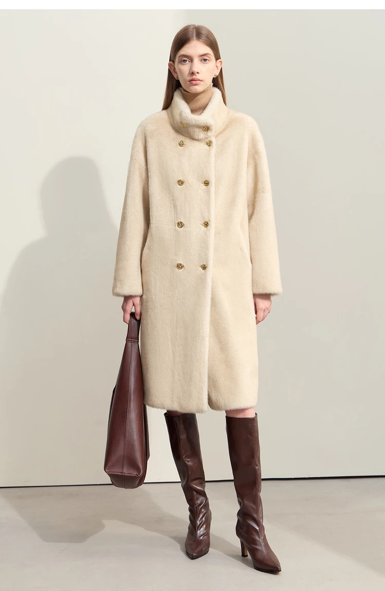 AMII Minimalism 2026 Winter New Warm Modern Turtleneck Double Breasted Imitation Mink Eco-friendly Fur Lady Fleece Coat 12424006