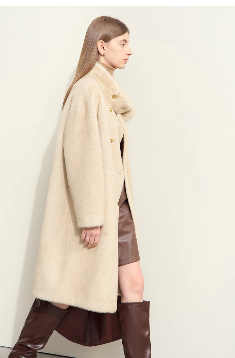 AMII Minimalism 2026 Winter New Warm Modern Turtleneck Double Breasted Imitation Mink Eco-friendly Fur Lady Fleece Coat 12424006