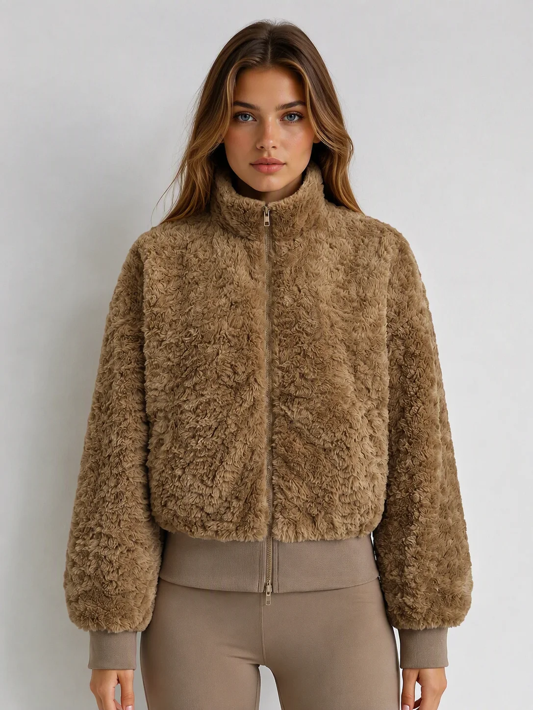 IG Women Stand Collar Zip-Up Fuzzy Cropped Jacket, Ribbed Hem & Cuffs, Long Sleeve Winter Warm Casual Fluffy Outerwear