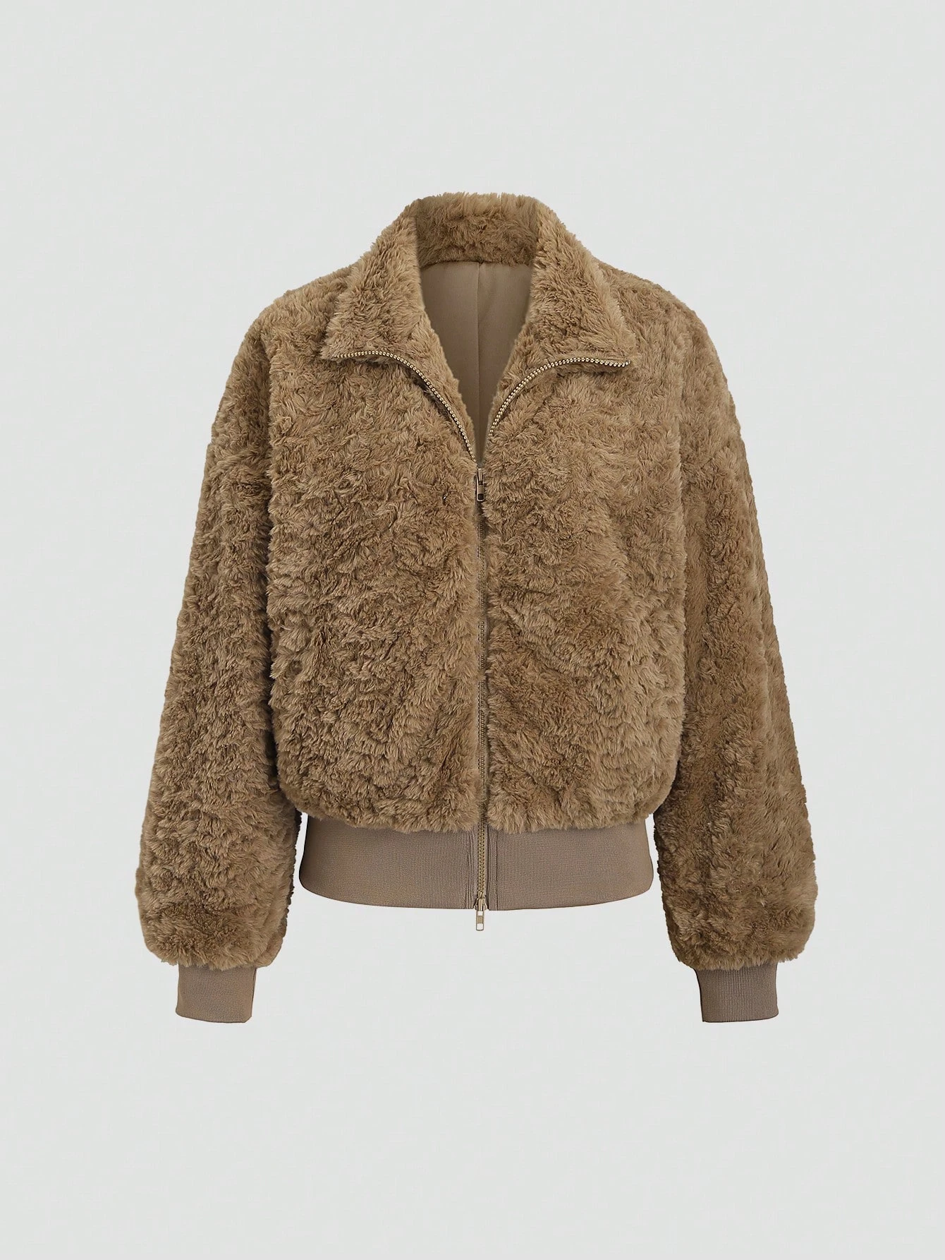 IG Women Stand Collar Zip-Up Fuzzy Cropped Jacket, Ribbed Hem & Cuffs, Long Sleeve Winter Warm Casual Fluffy Outerwear