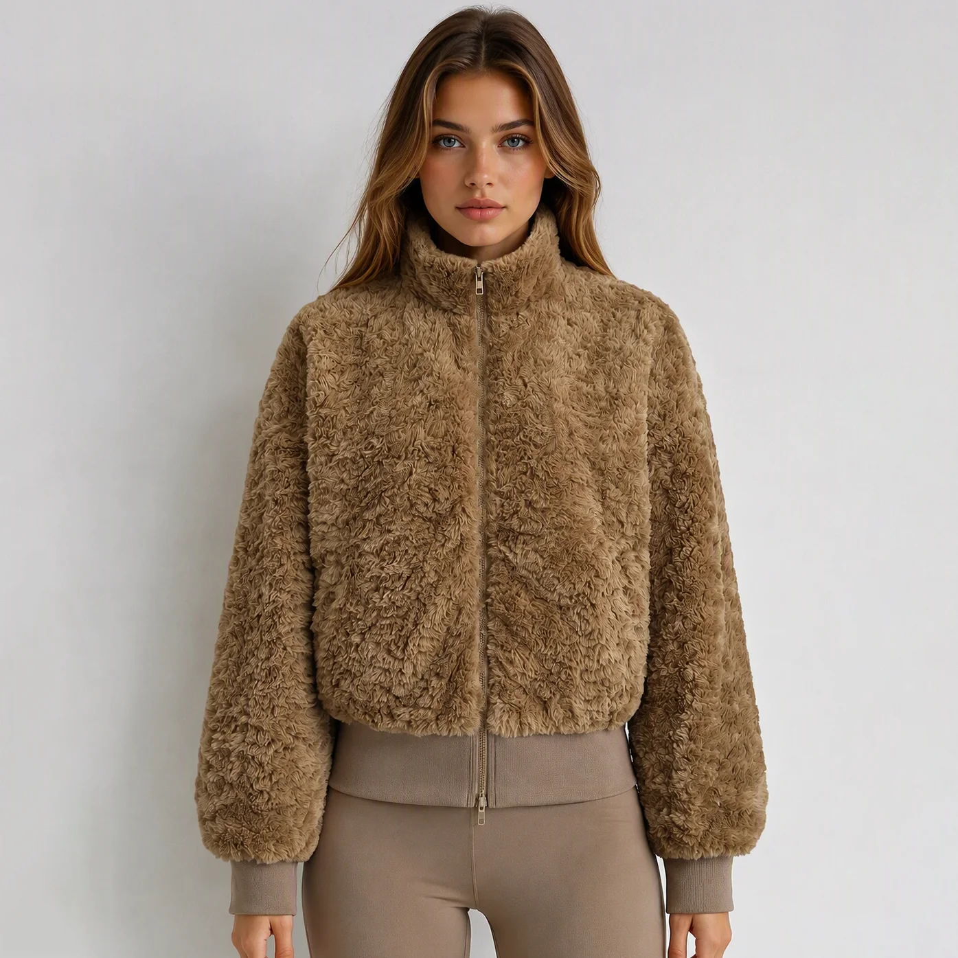 IG Women Stand Collar Zip-Up Fuzzy Cropped Jacket, Ribbed Hem & Cuffs, Long Sleeve Winter Warm Casual Fluffy Outerwear
