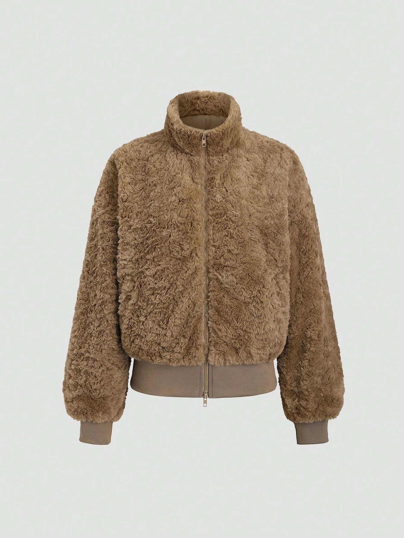 IG Women Stand Collar Zip-Up Fuzzy Cropped Jacket, Ribbed Hem & Cuffs, Long Sleeve Winter Warm Casual Fluffy Outerwear