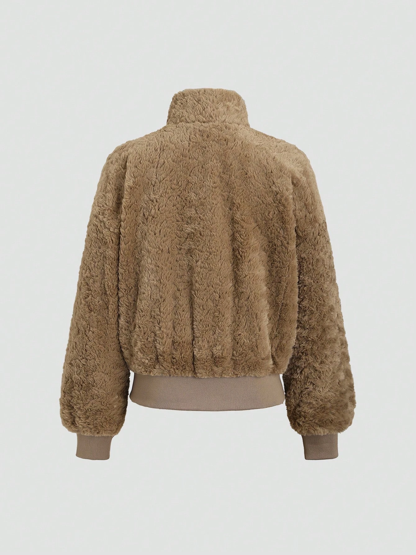 IG Women Stand Collar Zip-Up Fuzzy Cropped Jacket, Ribbed Hem & Cuffs, Long Sleeve Winter Warm Casual Fluffy Outerwear