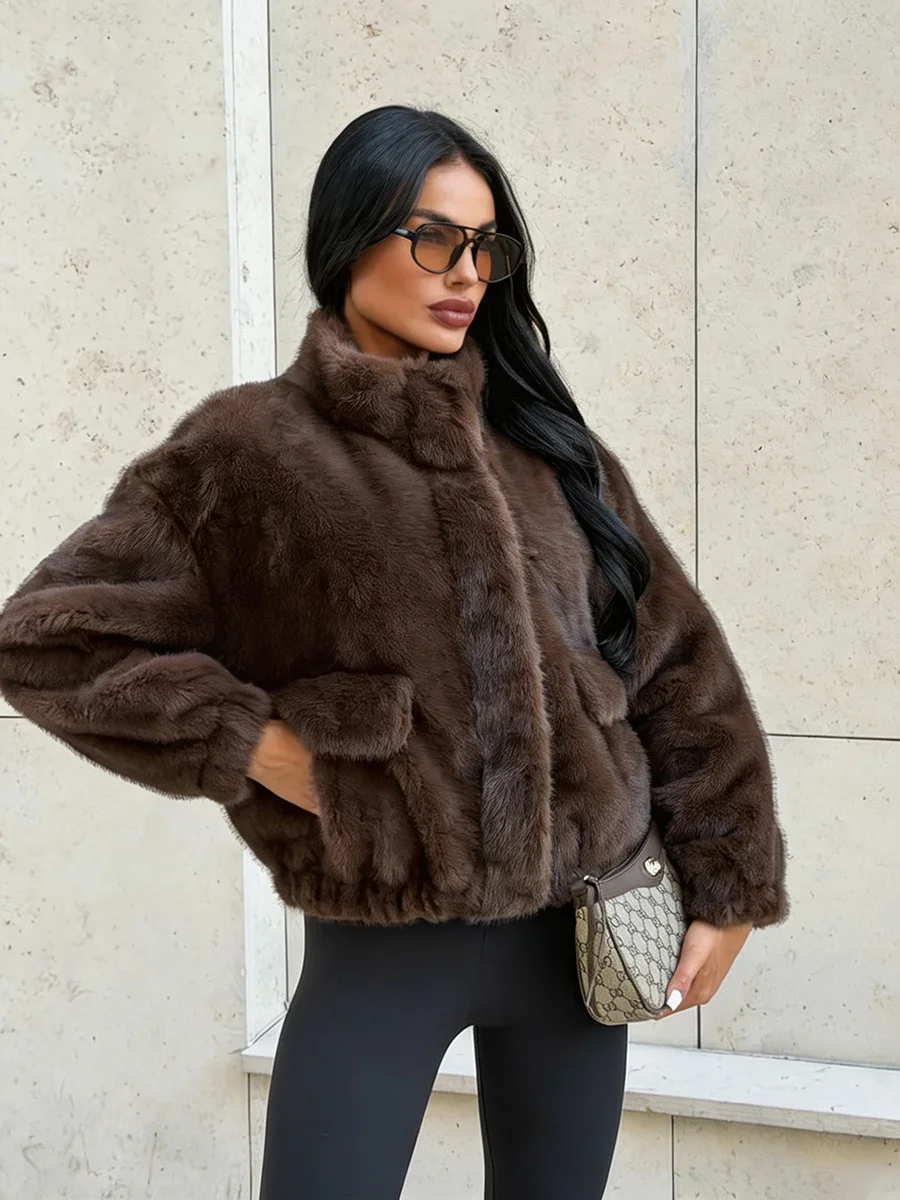 Luxury Dark Brown Plush Faux Fur Coat Women 2026 Winter Warm Zip Up Bomber Jacket Stand Collar Outwear