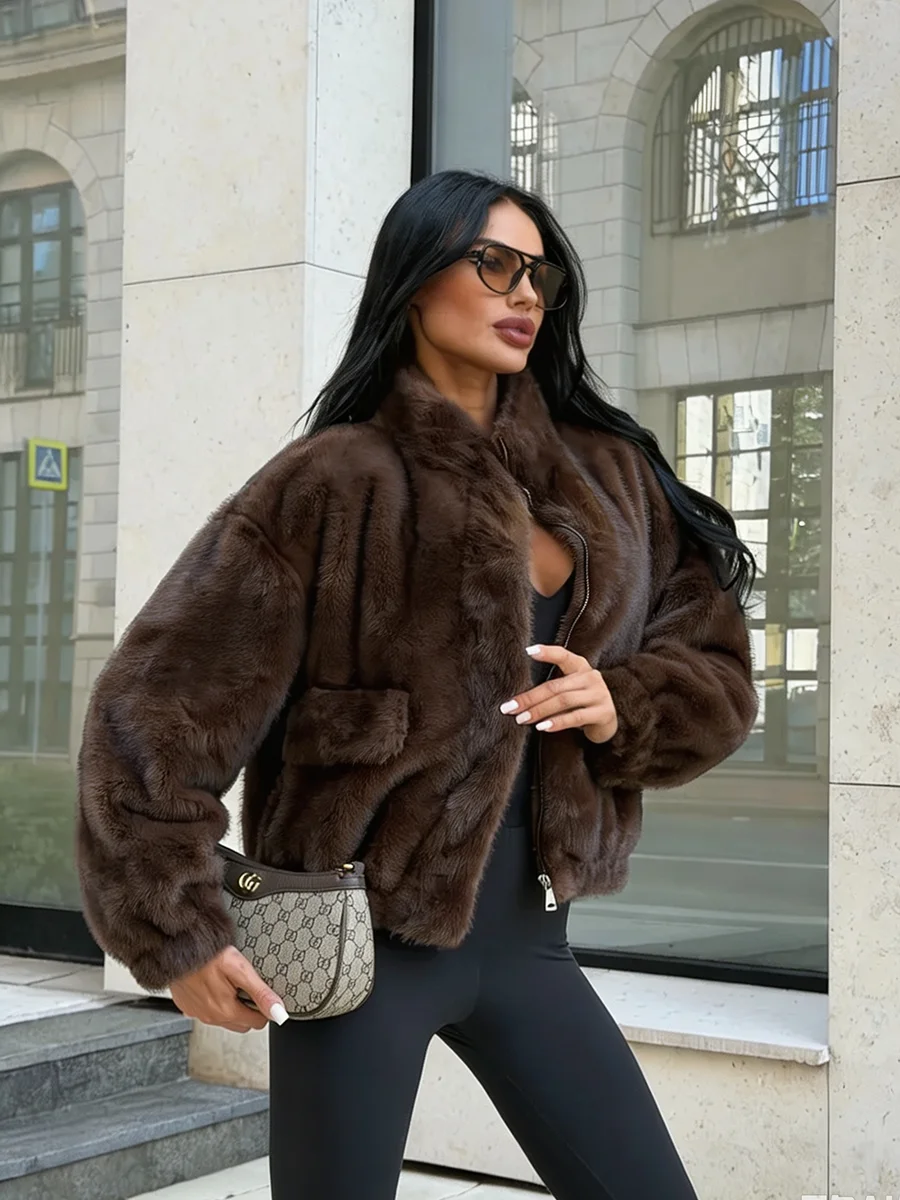 Luxury Dark Brown Plush Faux Fur Coat Women 2026 Winter Warm Zip Up Bomber Jacket Stand Collar Outwear