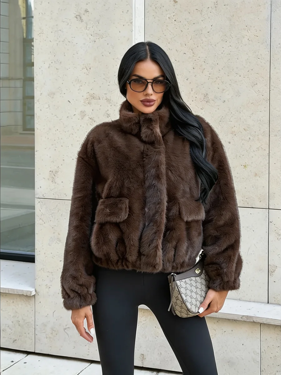 Luxury Dark Brown Plush Faux Fur Coat Women 2026 Winter Warm Zip Up Bomber Jacket Stand Collar Outwear