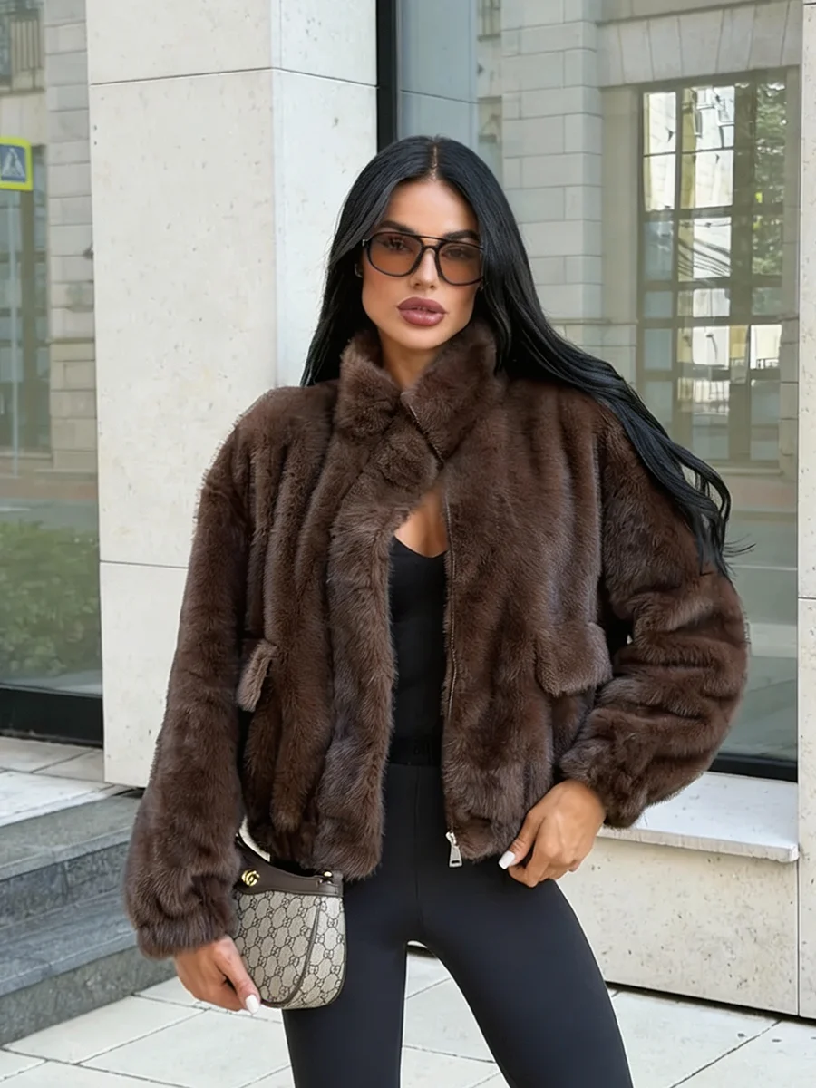 Luxury Dark Brown Plush Faux Fur Coat Women 2026 Winter Warm Zip Up Bomber Jacket Stand Collar Outwear
