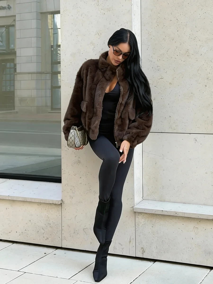 Luxury Dark Brown Plush Faux Fur Coat Women 2026 Winter Warm Zip Up Bomber Jacket Stand Collar Outwear