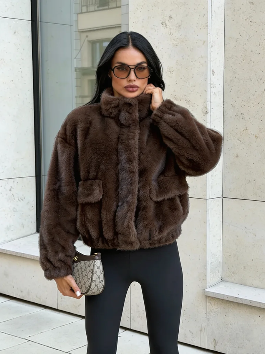 Luxury Dark Brown Plush Faux Fur Coat Women 2026 Winter Warm Zip Up Bomber Jacket Stand Collar Outwear