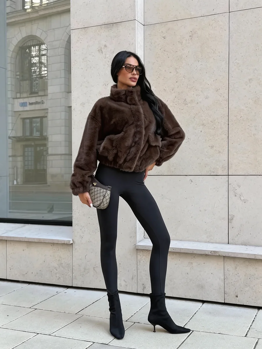 Luxury Dark Brown Plush Faux Fur Coat Women 2026 Winter Warm Zip Up Bomber Jacket Stand Collar Outwear