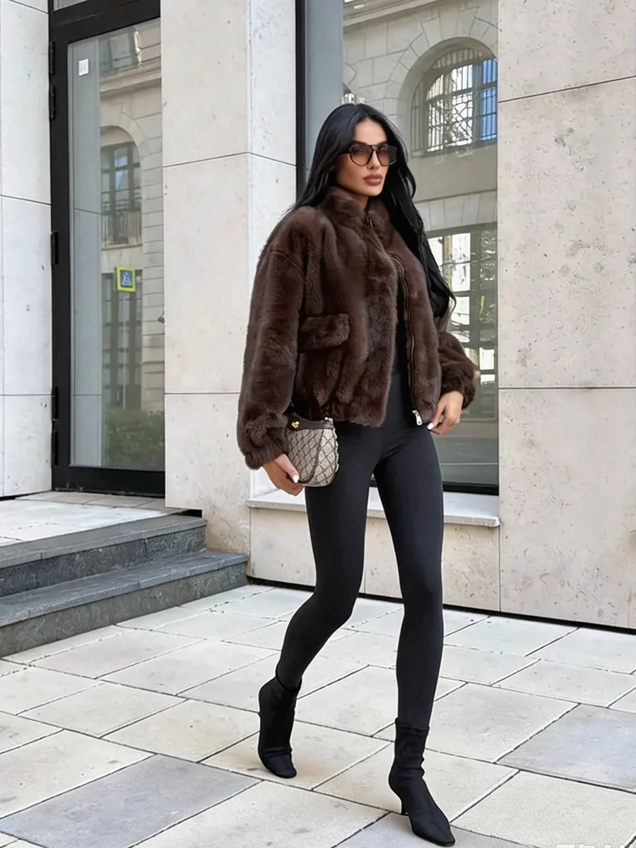 Luxury Dark Brown Plush Faux Fur Coat Women 2026 Winter Warm Zip Up Bomber Jacket Stand Collar Outwear