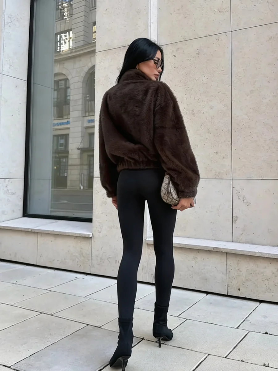 Luxury Dark Brown Plush Faux Fur Coat Women 2026 Winter Warm Zip Up Bomber Jacket Stand Collar Outwear