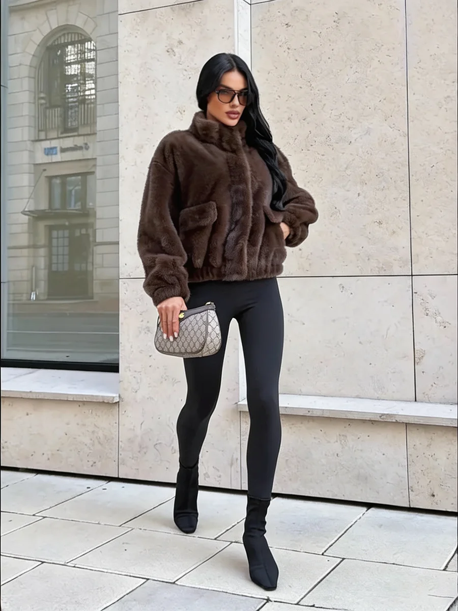Luxury Dark Brown Plush Faux Fur Coat Women 2026 Winter Warm Zip Up Bomber Jacket Stand Collar Outwear