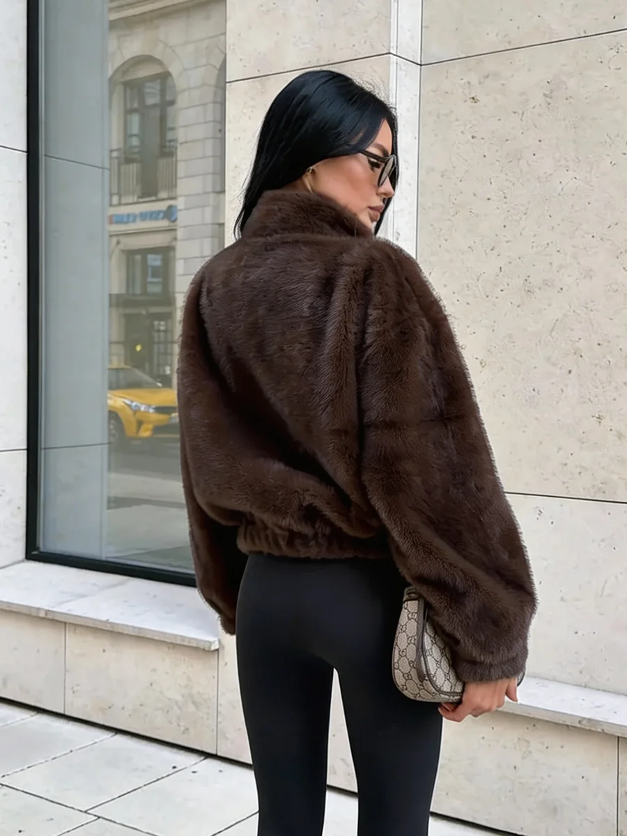Luxury Dark Brown Plush Faux Fur Coat Women 2026 Winter Warm Zip Up Bomber Jacket Stand Collar Outwear
