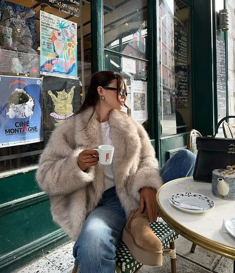 Autumn Winter Faux Fur Coat  Suit Collar Thickened Warm Fluffy CoatShort Street Style Fox Fur Jacket Peludo Chaqueta Mujer