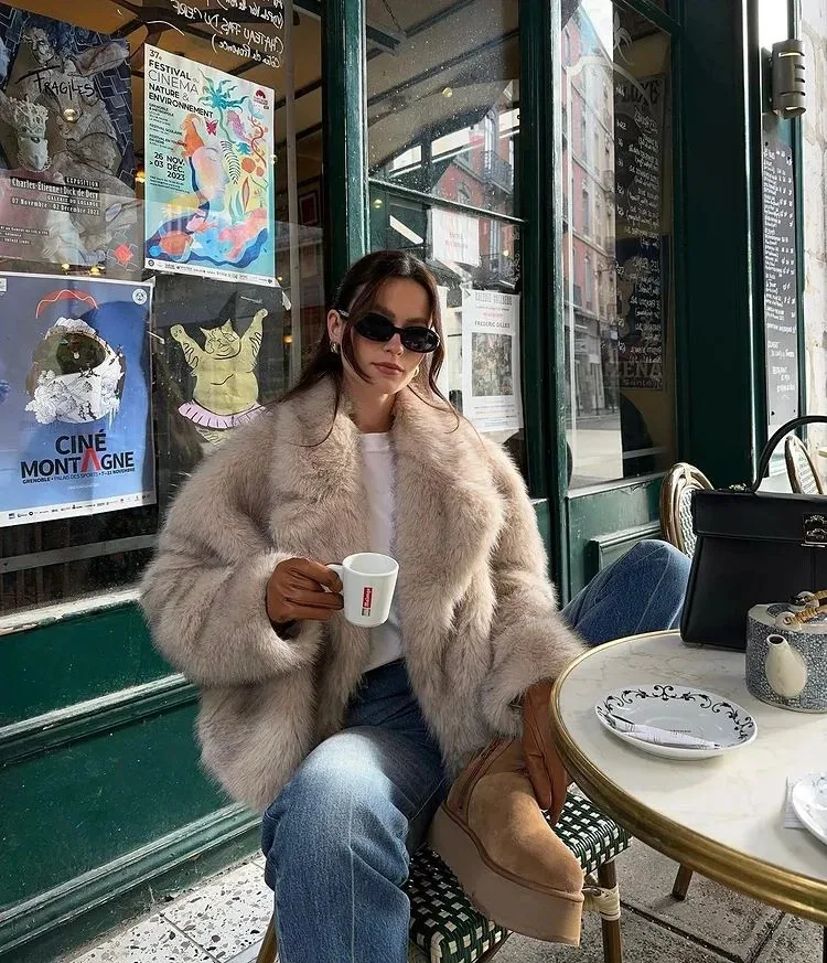 Autumn Winter Faux Fur Coat  Suit Collar Thickened Warm Fluffy CoatShort Street Style Fox Fur Jacket Peludo Chaqueta Mujer