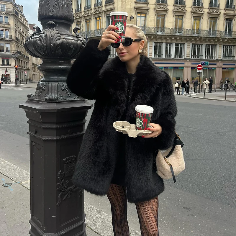 Lapels Faux Fur Coat Women 2024 Winter Brand Designer Fluffy Fox Fur Jacket Luxury Furry Overcoats Girl Stylish Long Outerwear