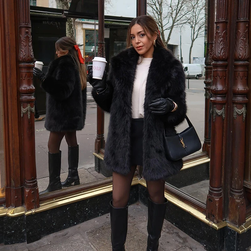 Lapels Faux Fur Coat Women 2024 Winter Brand Designer Fluffy Fox Fur Jacket Luxury Furry Overcoats Girl Stylish Long Outerwear