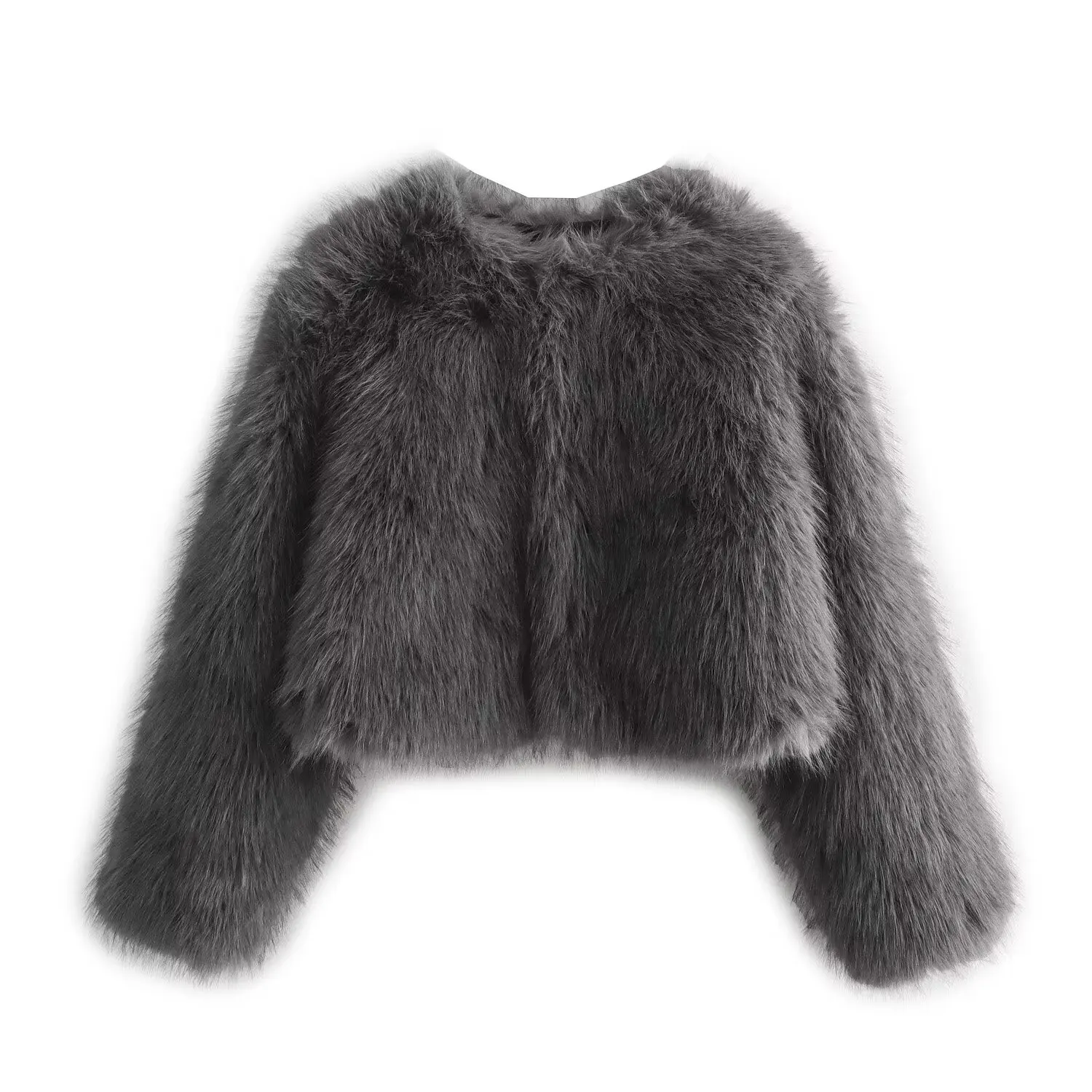 Chic Grey Fluffy Faux Fur Jacket Women Elegant O Neck Long Sleeves Cropped Coats Autumn Winter Lady High Street Outwears