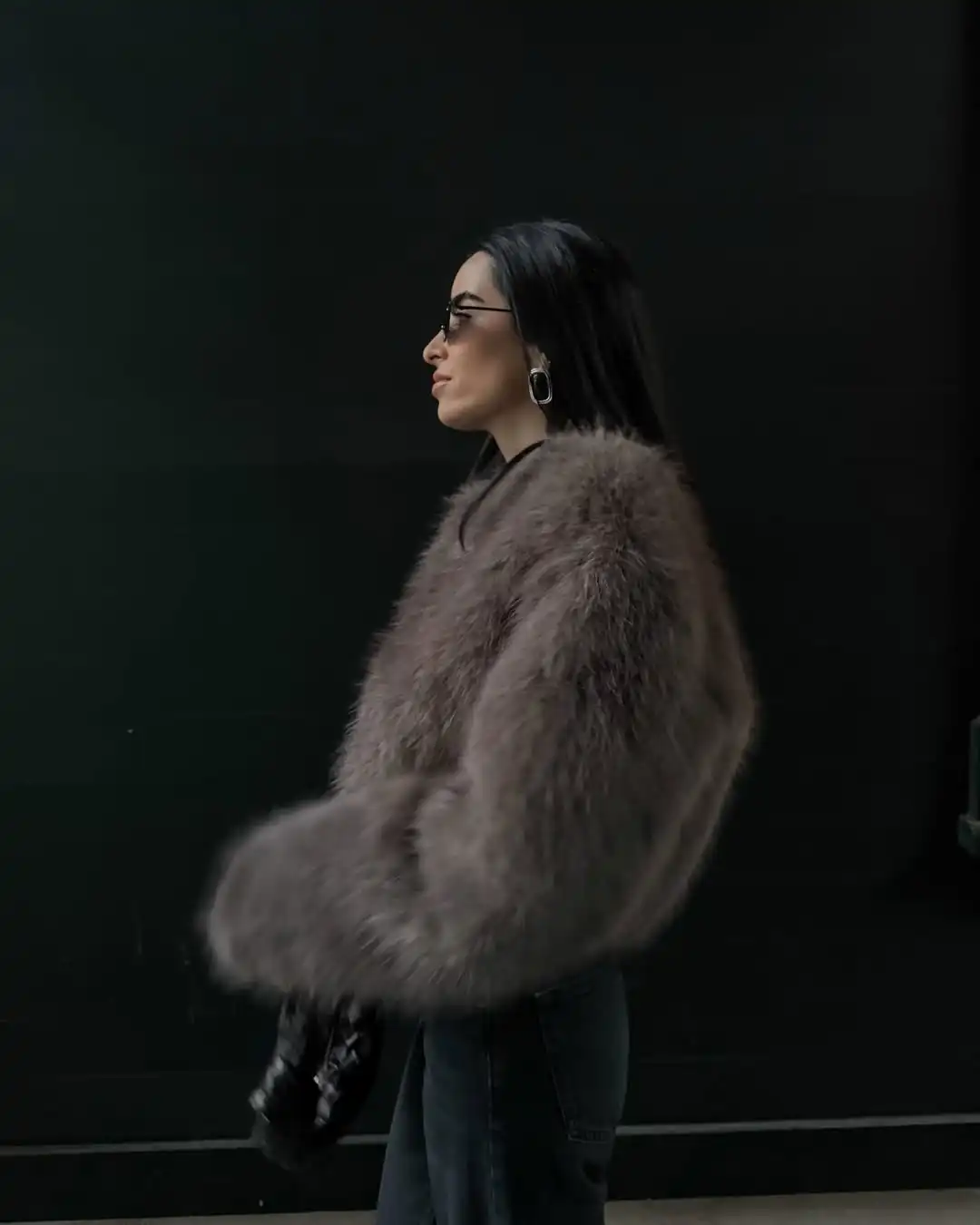 Chic Grey Fluffy Faux Fur Jacket Women Elegant O Neck Long Sleeves Cropped Coats Autumn Winter Lady High Street Outwears