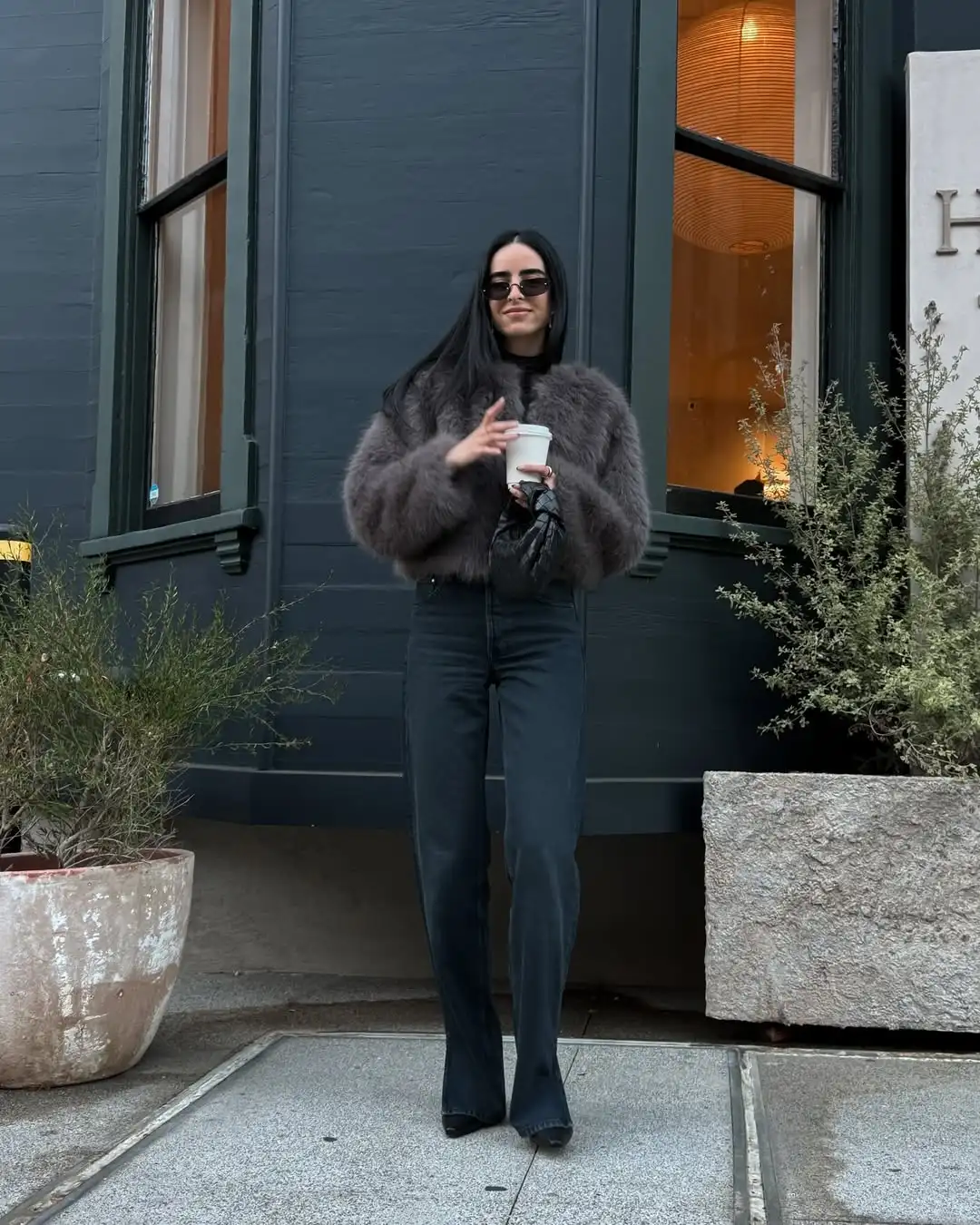 Chic Grey Fluffy Faux Fur Jacket Women Elegant O Neck Long Sleeves Cropped Coats Autumn Winter Lady High Street Outwears