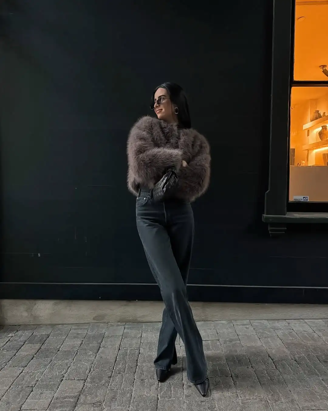 Chic Grey Fluffy Faux Fur Jacket Women Elegant O Neck Long Sleeves Cropped Coats Autumn Winter Lady High Street Outwears