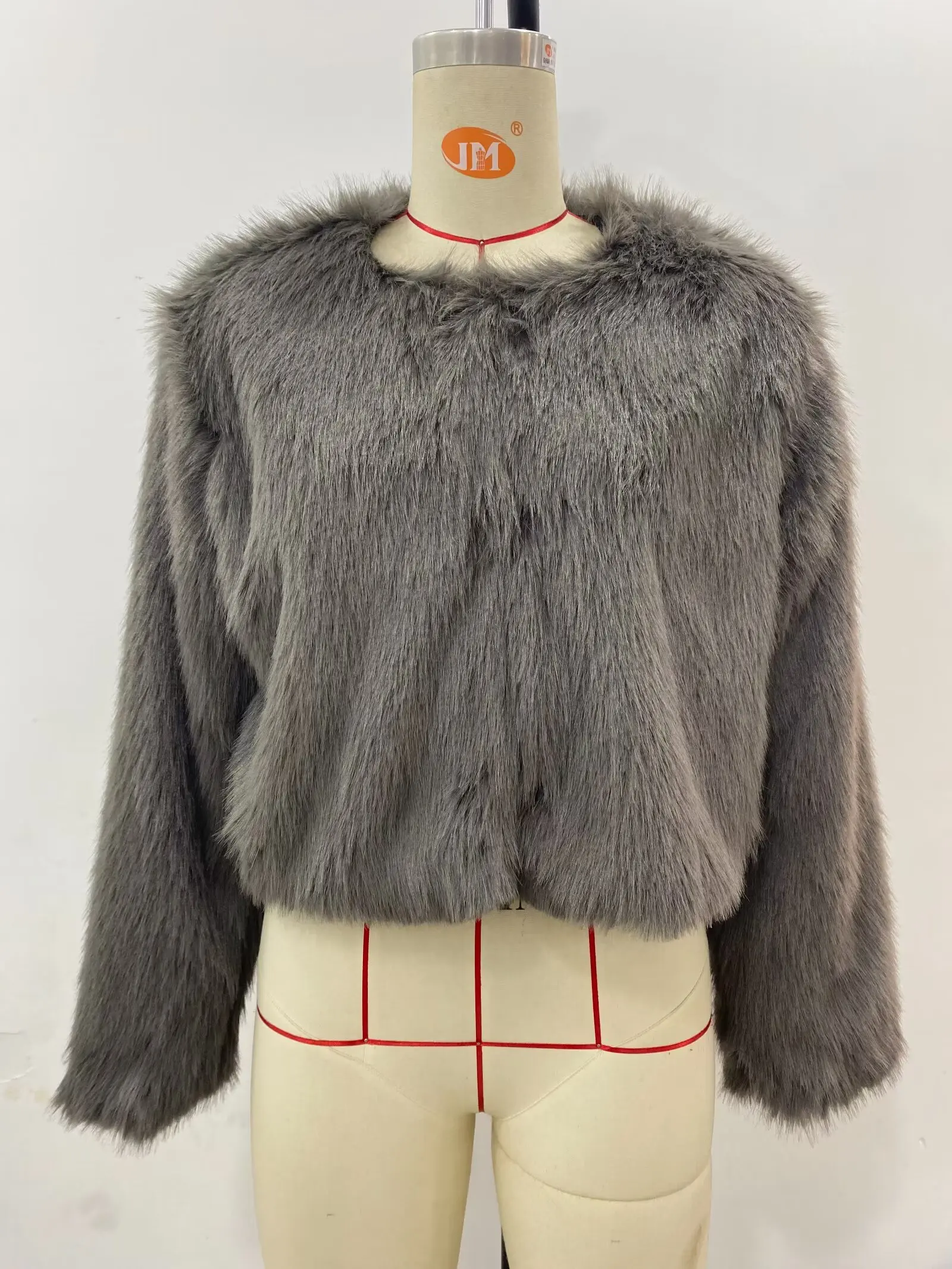 Chic Grey Fluffy Faux Fur Jacket Women Elegant O Neck Long Sleeves Cropped Coats Autumn Winter Lady High Street Outwears