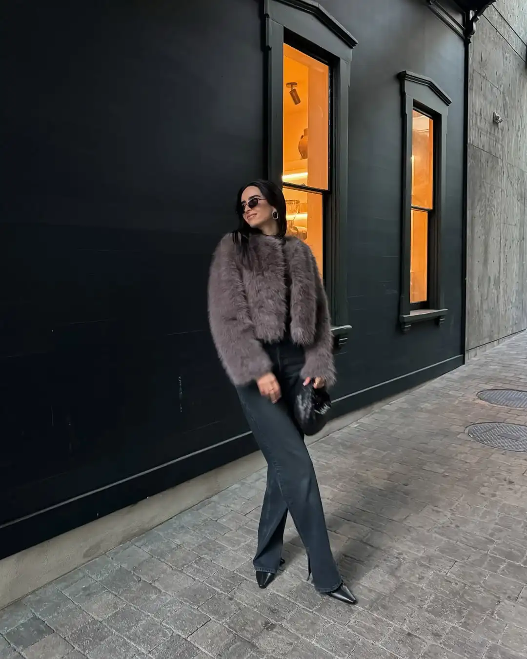 Chic Grey Fluffy Faux Fur Jacket Women Elegant O Neck Long Sleeves Cropped Coats Autumn Winter Lady High Street Outwears