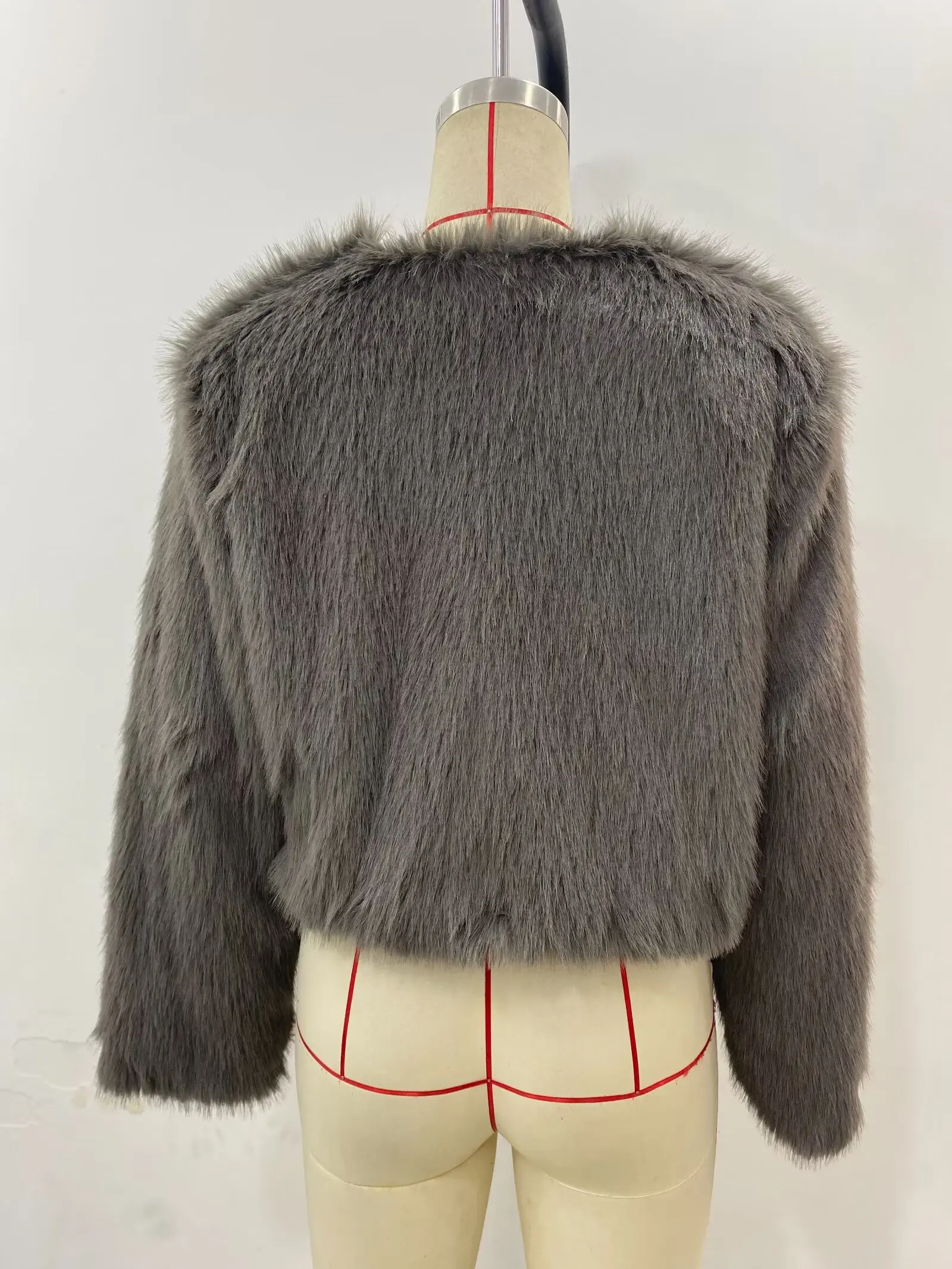 Chic Grey Fluffy Faux Fur Jacket Women Elegant O Neck Long Sleeves Cropped Coats Autumn Winter Lady High Street Outwears