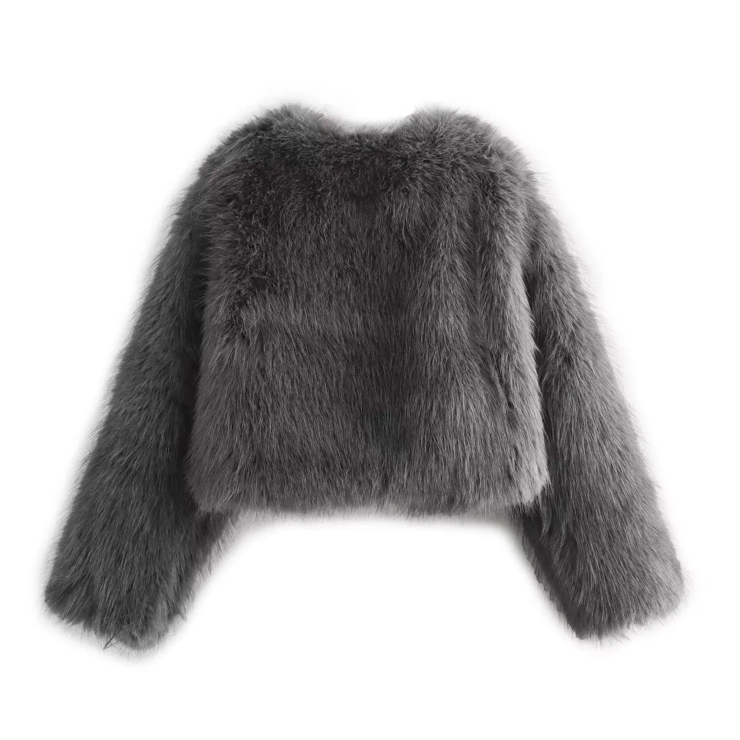 Chic Grey Fluffy Faux Fur Jacket Women Elegant O Neck Long Sleeves Cropped Coats Autumn Winter Lady High Street Outwears