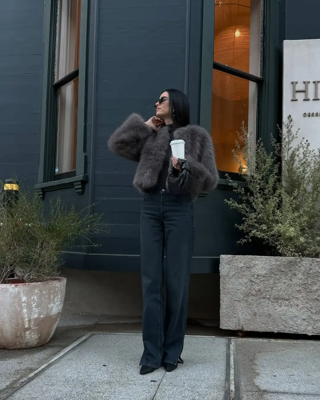 Chic Grey Fluffy Faux Fur Jacket Women Elegant O Neck Long Sleeves Cropped Coats Autumn Winter Lady High Street Outwears