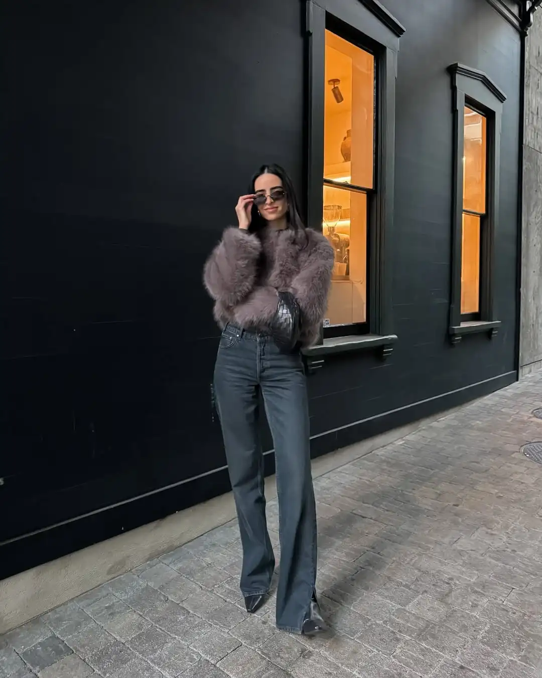 Chic Grey Fluffy Faux Fur Jacket Women Elegant O Neck Long Sleeves Cropped Coats Autumn Winter Lady High Street Outwears