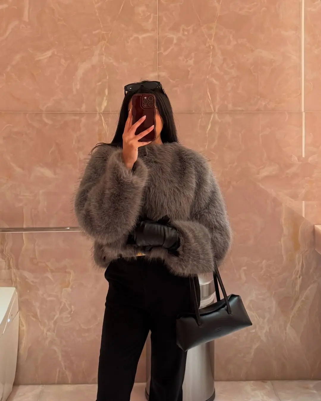 Chic Grey Fluffy Faux Fur Jacket Women Elegant O Neck Long Sleeves Cropped Coats Autumn Winter Lady High Street Outwears