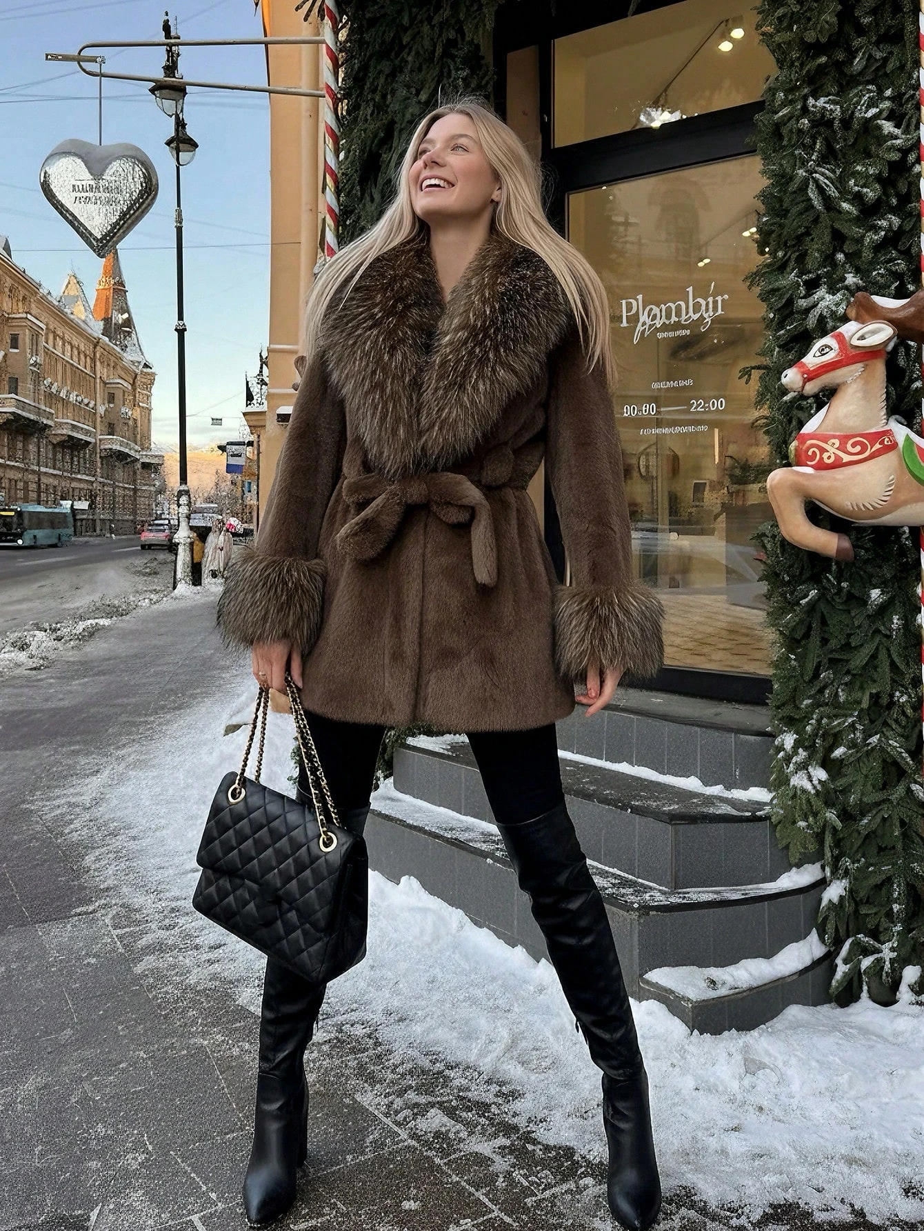 Women Winter Faux Fur Coat Fluffy Big Fur Collar Cuff Belted Brown 2026 New Elegant Old Money Luxury Outerwear