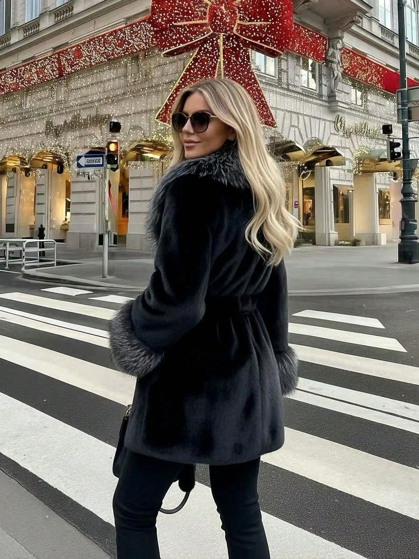Women Winter Faux Fur Coat Fluffy Big Fur Collar Cuff Belted Brown 2026 New Elegant Old Money Luxury Outerwear
