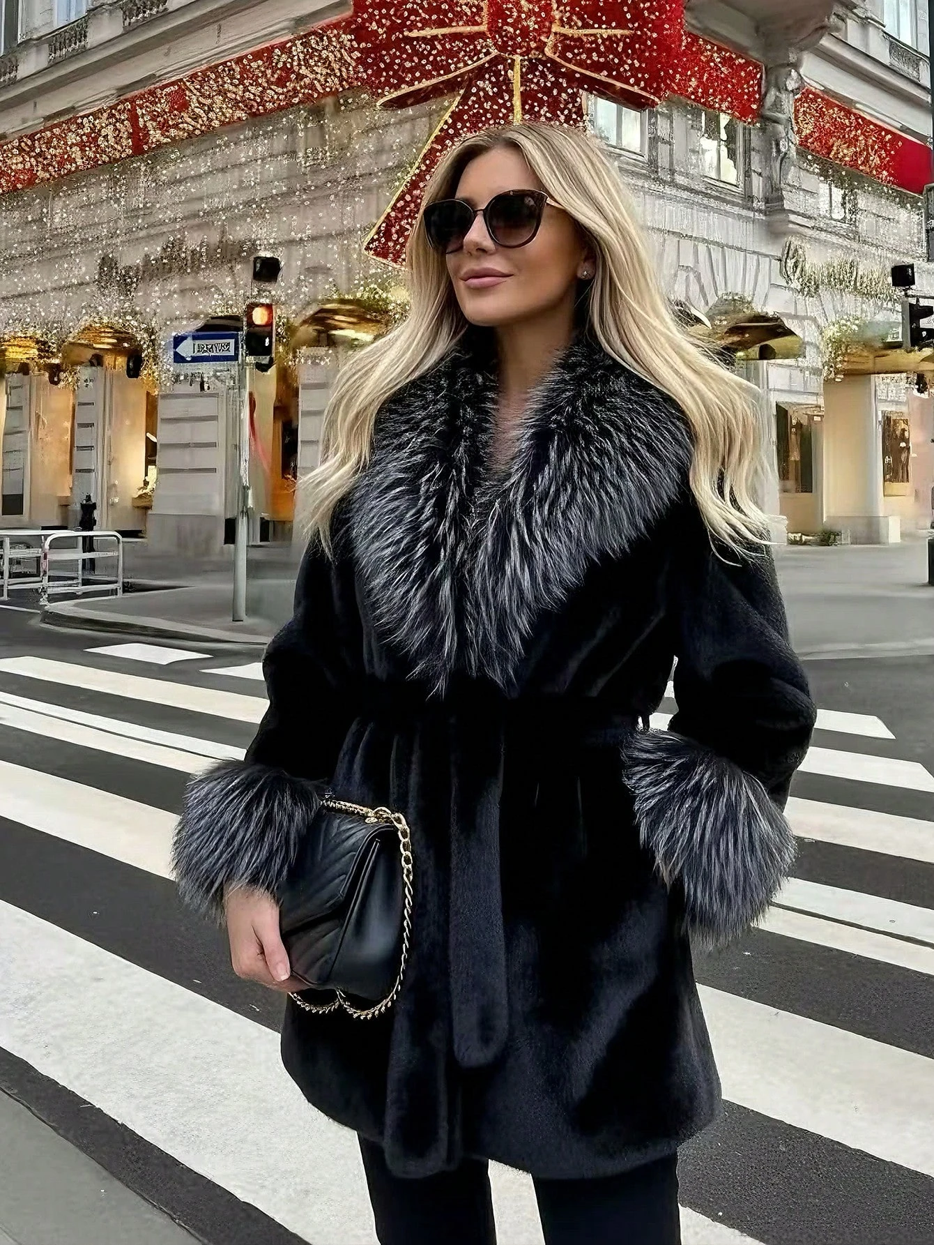 Women Winter Faux Fur Coat Fluffy Big Fur Collar Cuff Belted Brown 2026 New Elegant Old Money Luxury Outerwear