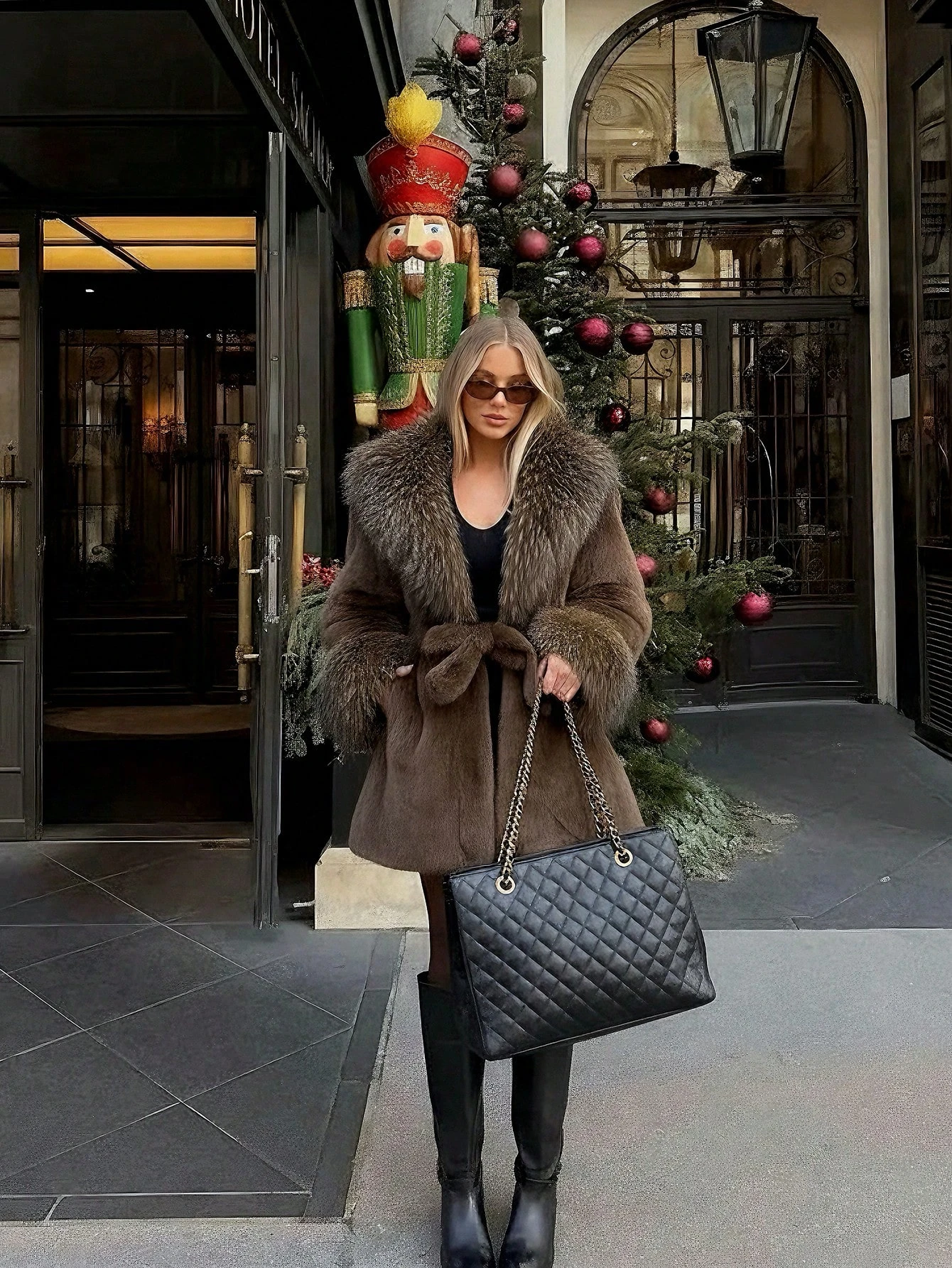 Women Winter Faux Fur Coat Fluffy Big Fur Collar Cuff Belted Brown 2026 New Elegant Old Money Luxury Outerwear