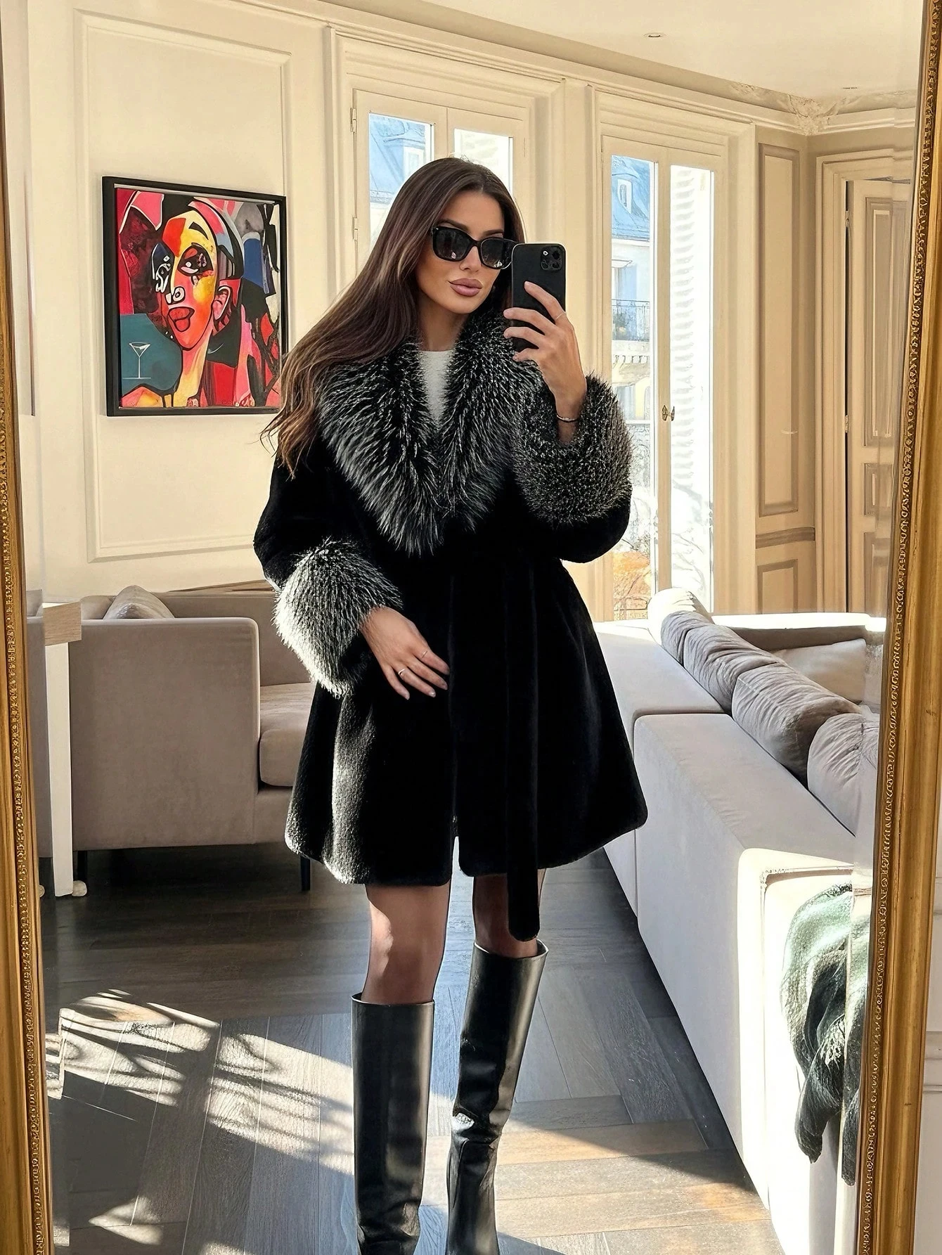 Women Winter Faux Fur Coat Fluffy Big Fur Collar Cuff Belted Brown 2026 New Elegant Old Money Luxury Outerwear