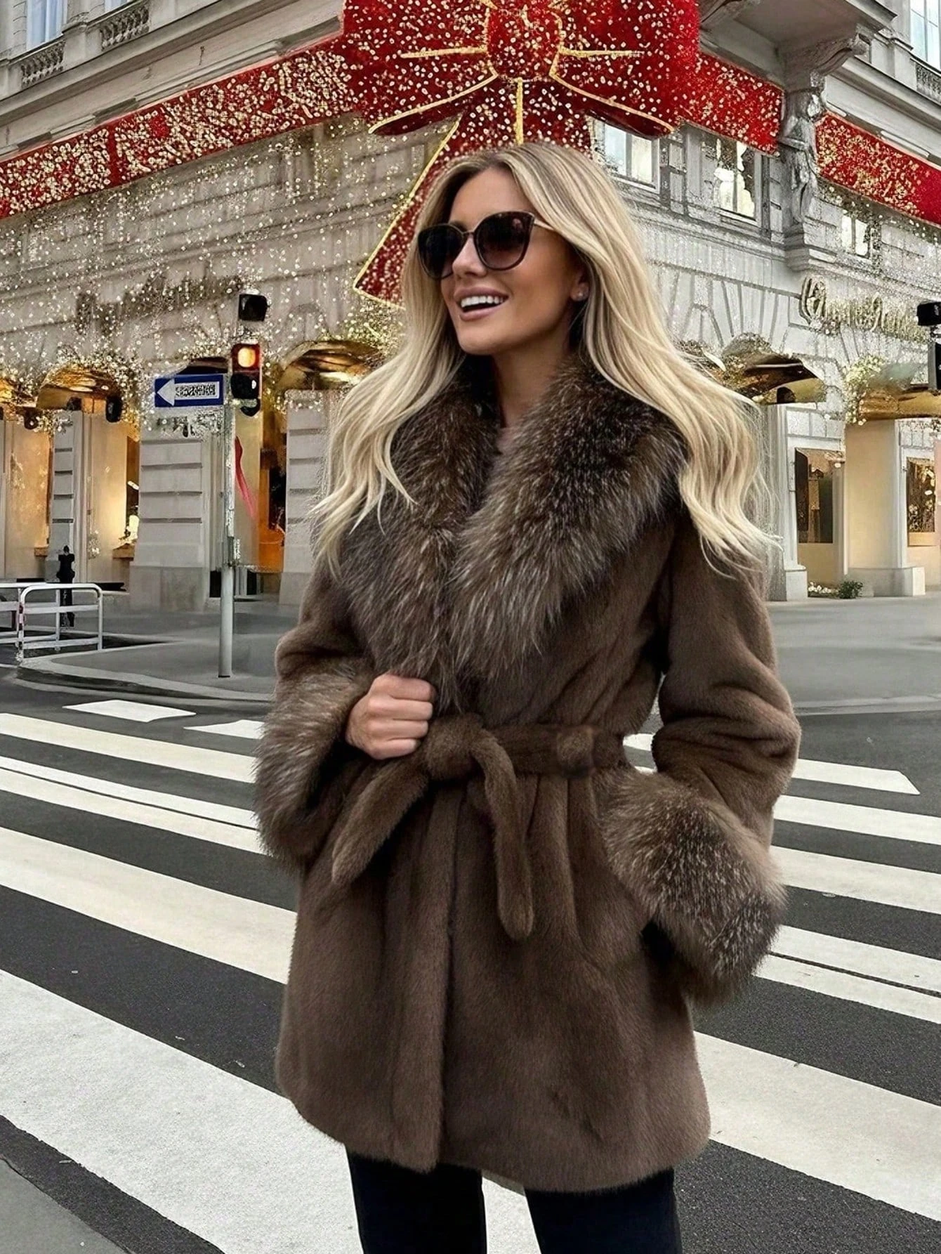 Women Winter Faux Fur Coat Fluffy Big Fur Collar Cuff Belted Brown 2026 New Elegant Old Money Luxury Outerwear