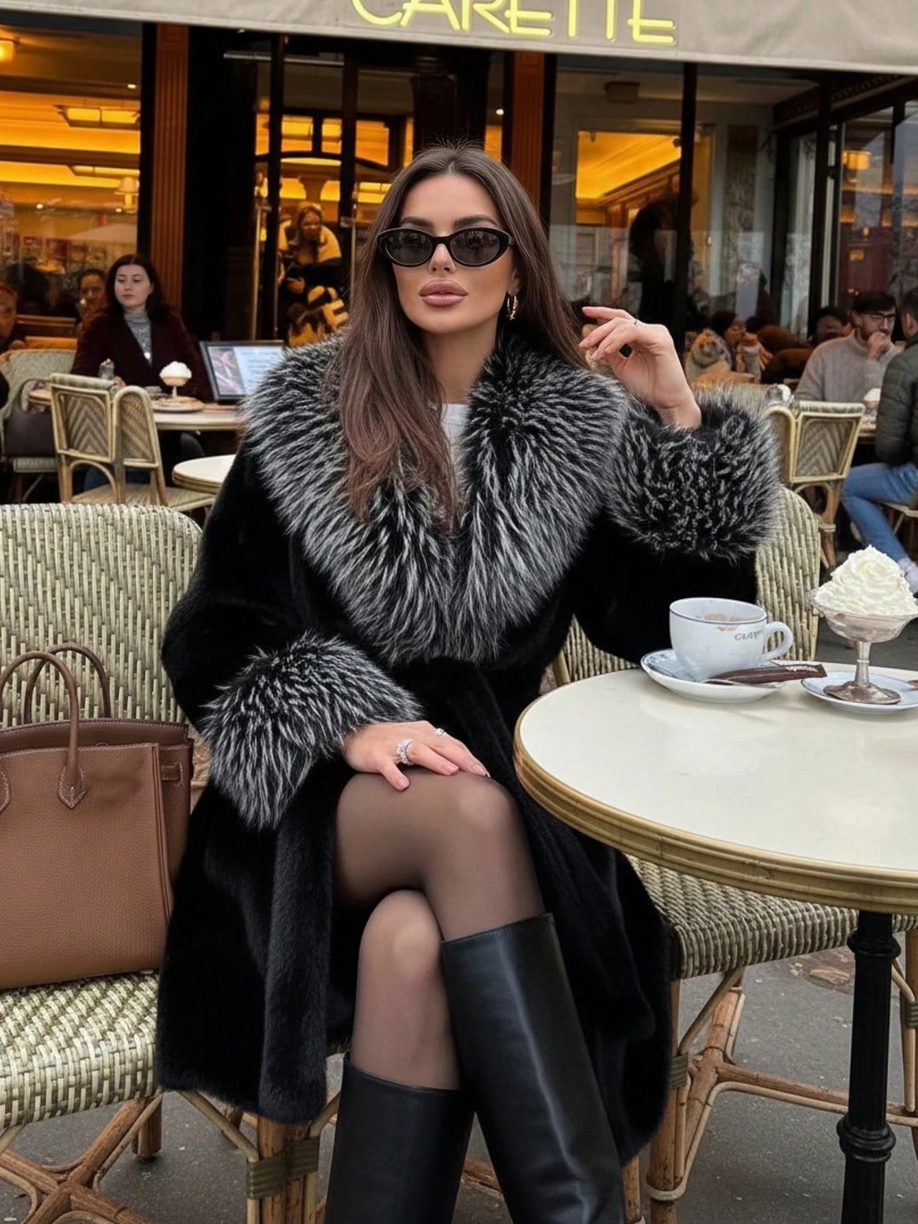 Women Winter Faux Fur Coat Fluffy Big Fur Collar Cuff Belted Brown 2026 New Elegant Old Money Luxury Outerwear