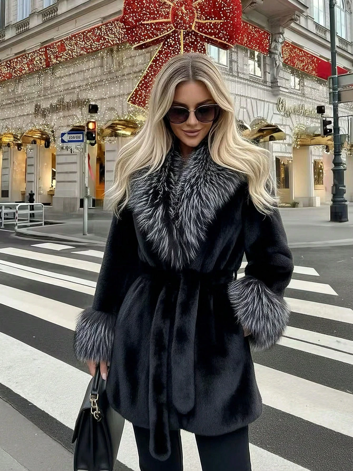 Women Winter Faux Fur Coat Fluffy Big Fur Collar Cuff Belted Brown 2026 New Elegant Old Money Luxury Outerwear