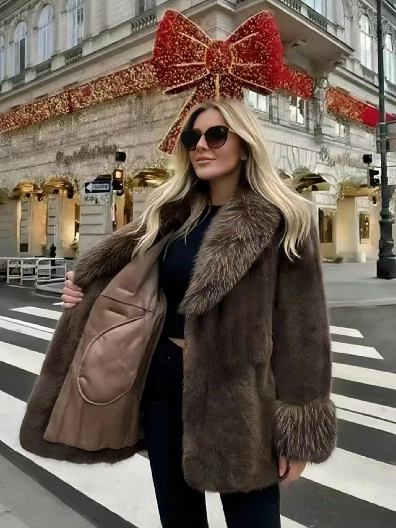 Women Winter Faux Fur Coat Fluffy Big Fur Collar Cuff Belted Brown 2026 New Elegant Old Money Luxury Outerwear