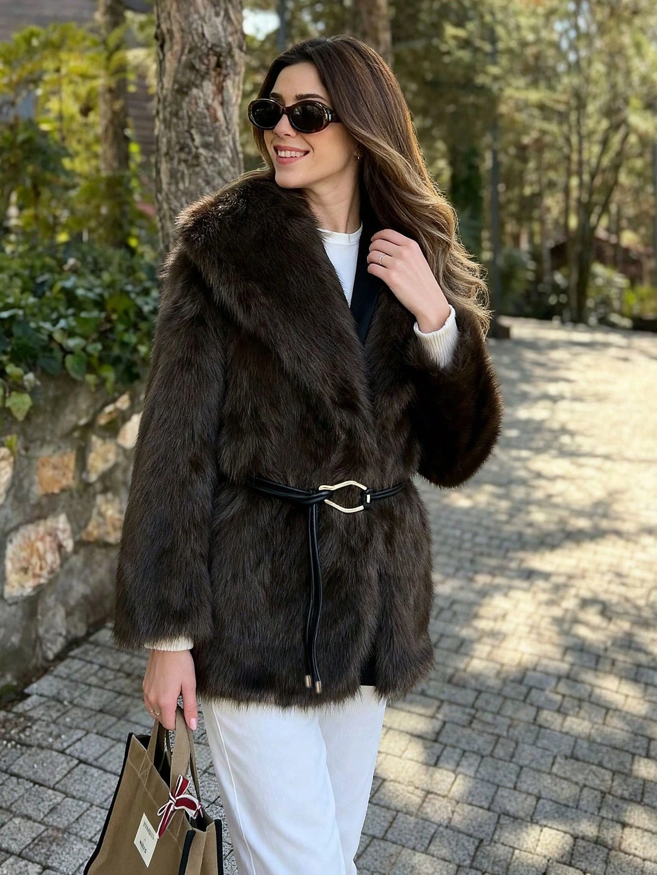 Women Winter Faux Fur Coat Fluffy Warm Long Belted Dark Brown 2026 New Elegant Old Money Luxury Outerwear