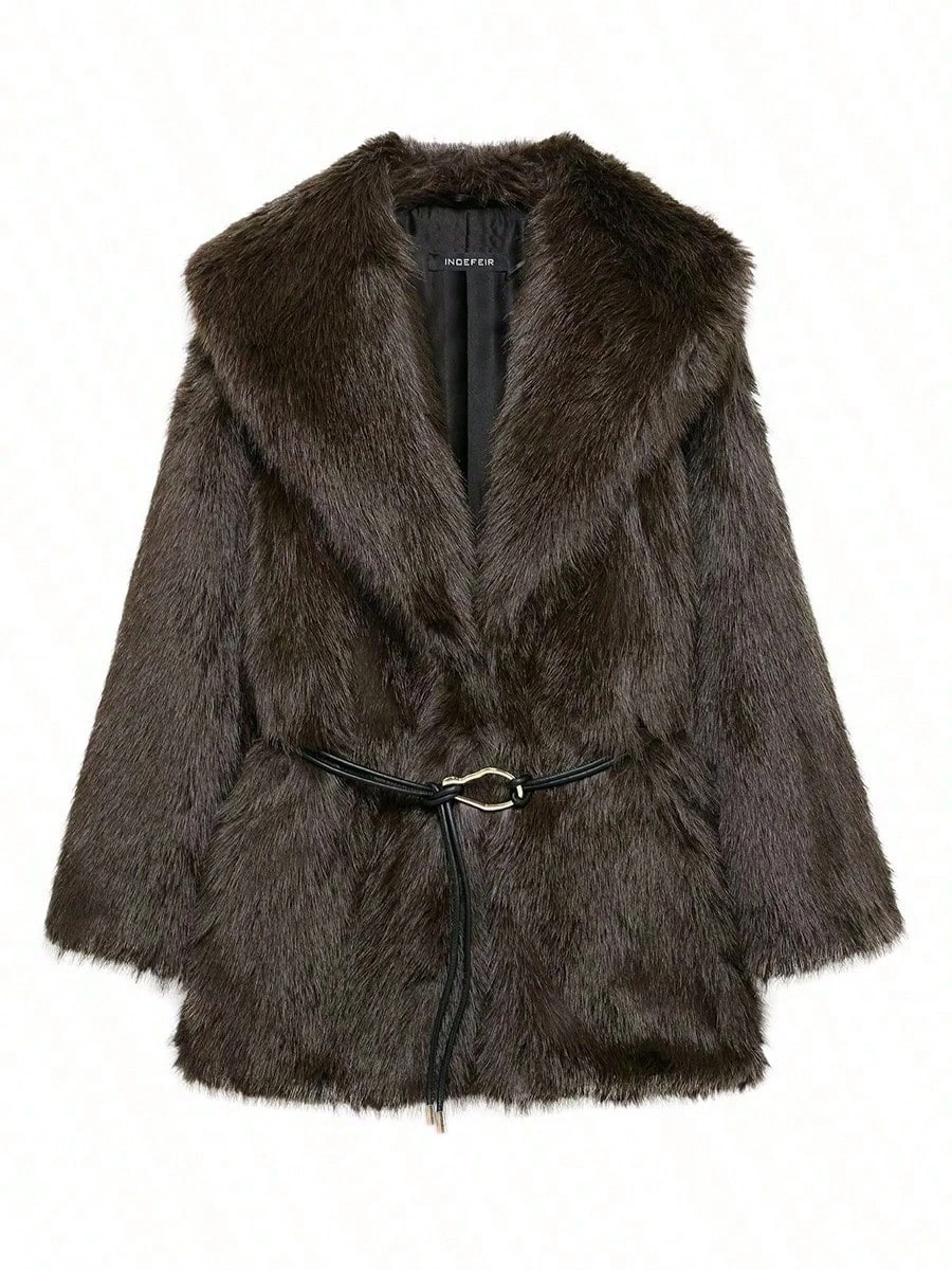 Women Winter Faux Fur Coat Fluffy Warm Long Belted Dark Brown 2026 New Elegant Old Money Luxury Outerwear