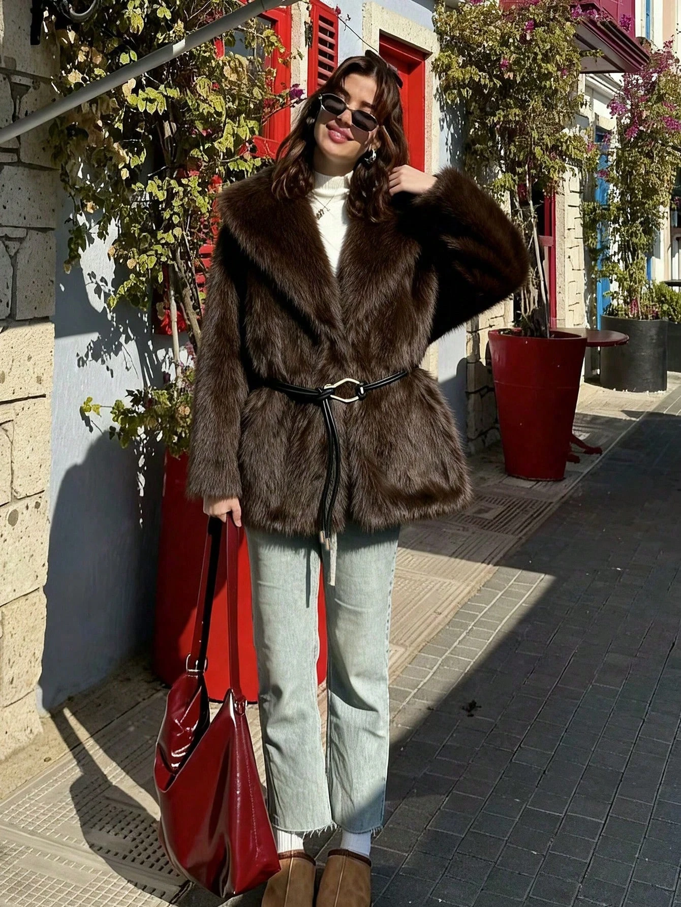 Women Winter Faux Fur Coat Fluffy Warm Long Belted Dark Brown 2026 New Elegant Old Money Luxury Outerwear