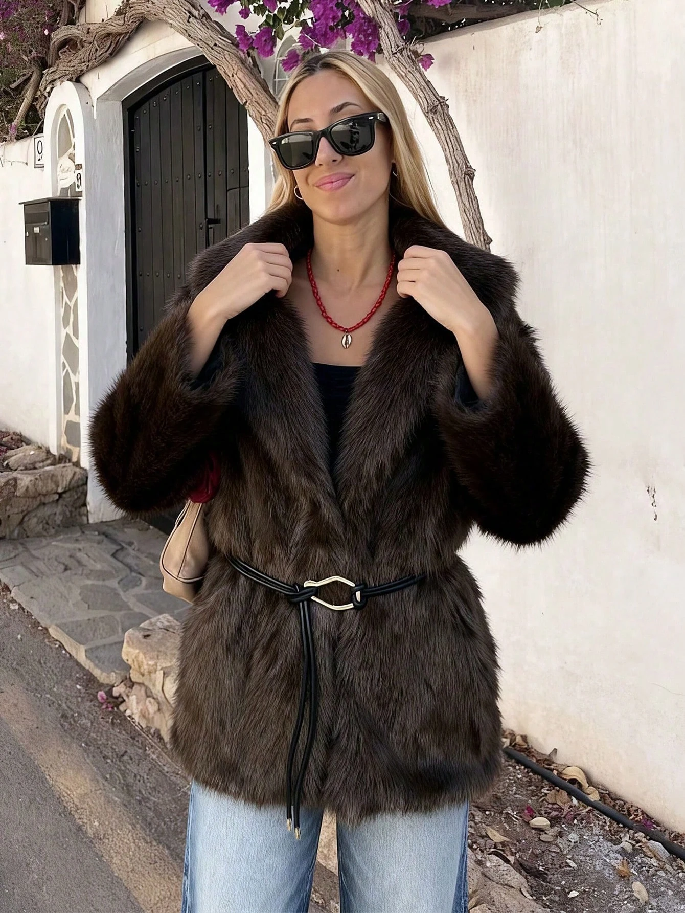 Women Winter Faux Fur Coat Fluffy Warm Long Belted Dark Brown 2026 New Elegant Old Money Luxury Outerwear